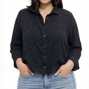 SHEIN Curve Black Sheer Textured Button-Up Top – OXL Plus Size